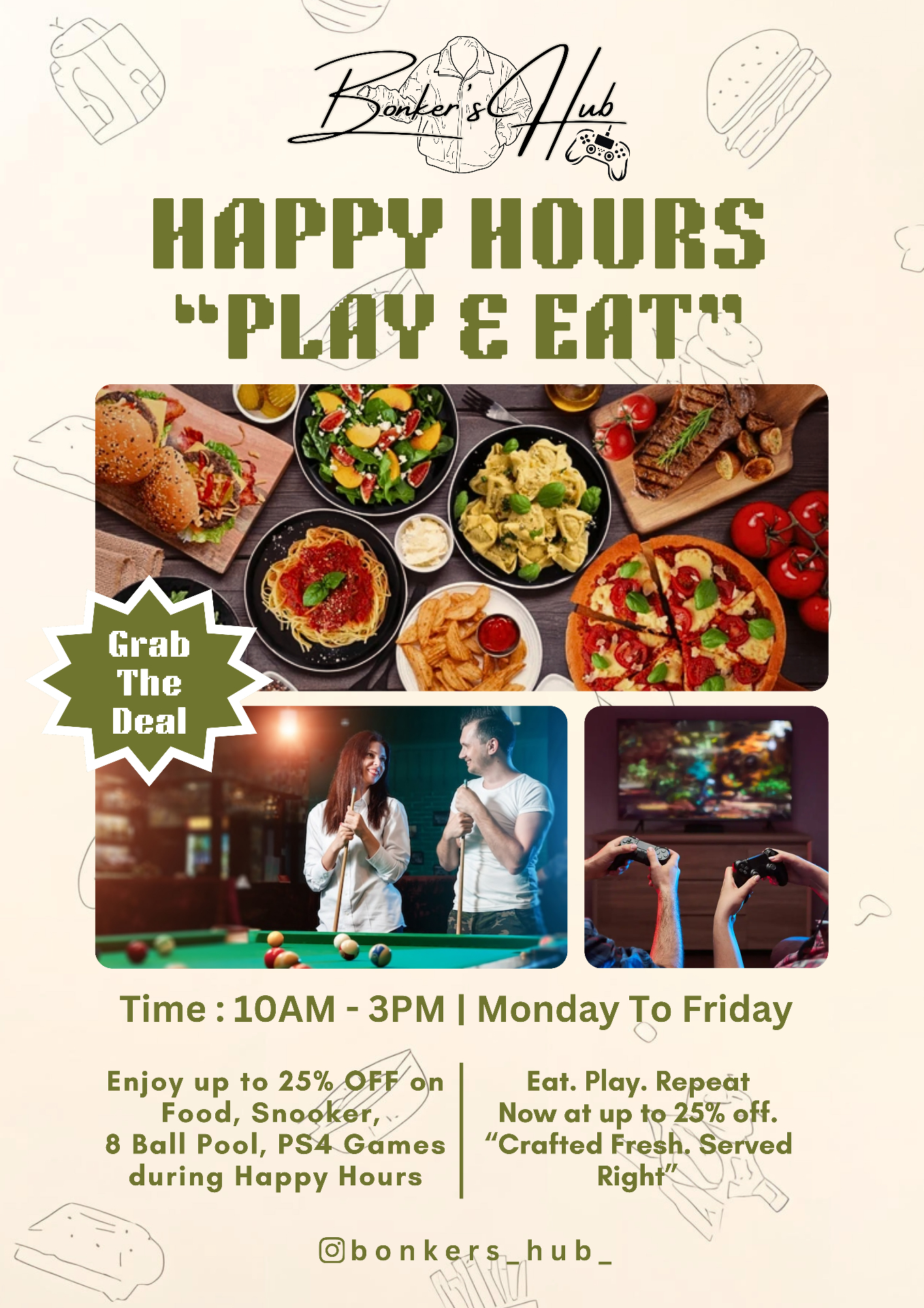 Bonkers Hub poster — Happy Hours · Play & Eat
