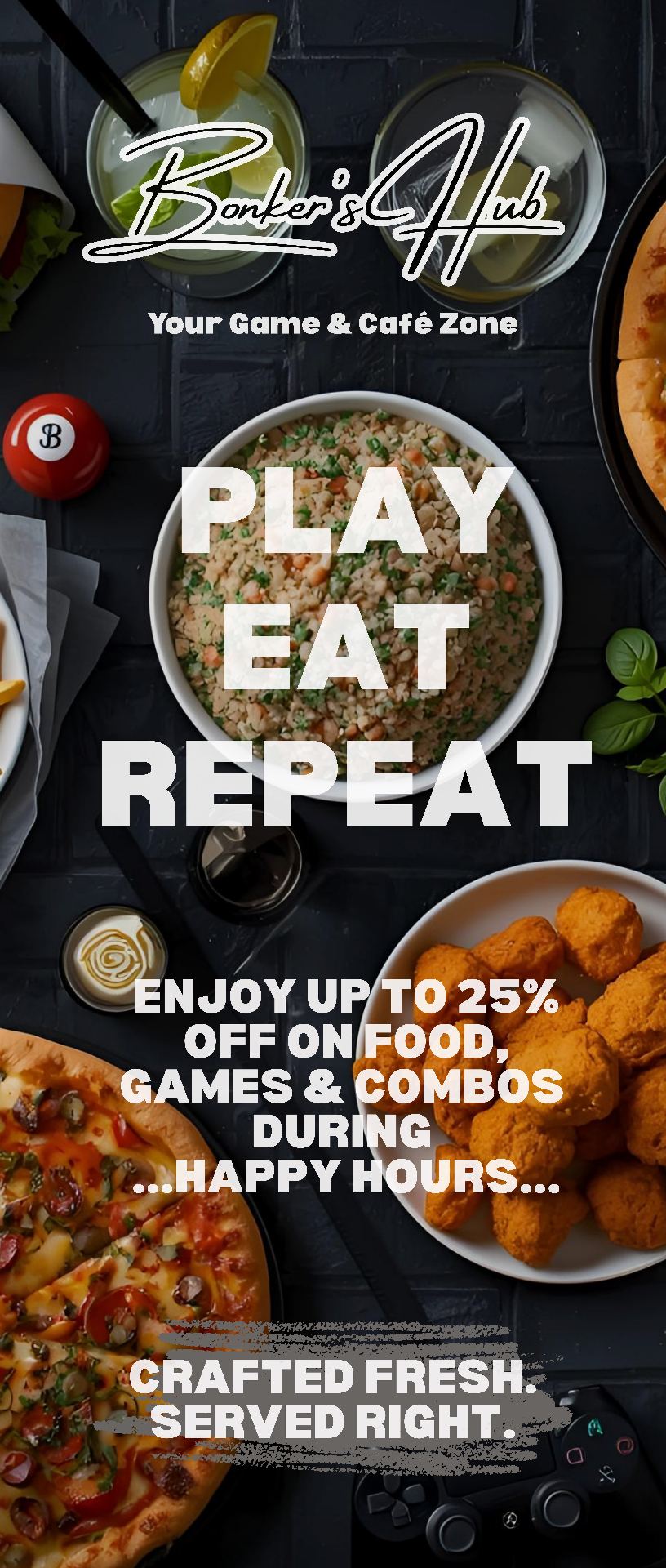Bonkers Hub poster — Play. Eat. Repeat.